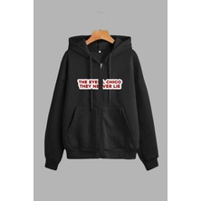 Unisex Siyah Kapüşonlu Sweatshirt Ceket Eyes Never Lie Chico Baskılı