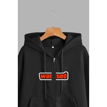 Unisex Siyah Kapüşonlu Sweatshirt Ceket Wasteda Baskılı