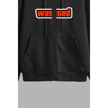 Unisex Siyah Kapüşonlu Sweatshirt Ceket Wasteda Baskılı