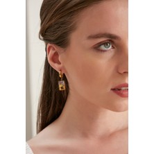 Lina Tia Kadın Kelebek Model Çelik Altın Kaplama Kare Halkalı Sallantılı Baget Kristal Zirkon Taşlı Stil Küpe