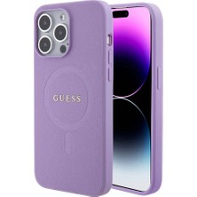 Guess iPhone 15 Pro Max Uyumlu Kılıf Guess Orjinal Lisanslı Magsafe Şarj Yazı Logolu Saffiano Açık Mor