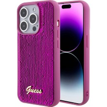 Guess iPhone 15 Pro Max Kılıf Guess Orjinal Lisans Pullu Arka Yüzey Metal Yazı Logolu Sequin Script Pembe