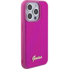 Guess iPhone 15 Pro Max Kılıf Guess Orjinal Lisans Pullu Arka Yüzey Metal Yazı Logolu Sequin Script Pembe