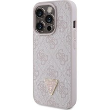 Guess iPhone 15 Pro Uyumlu Kılıf Guess Orjinal Lisanslı Pu Deri Taşlı Üçgen Logo 4g Desenli Strass Pembe