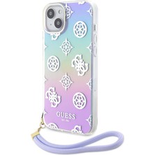 Guess iPhone 15 Plus Kılıf Guess Orjinal Lisanslı Yazı Logolu Askı Ipli Holografik Glitter Peony Mor