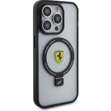 Ferrari iPhone 15 Pro Uyumlu Kılıf Ferrari Magsafe Şarj Özellik Standlı Buzlu Yüzey Dizayn Transparan Siyah