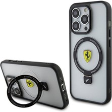 Ferrari iPhone 15 Pro Uyumlu Kılıf Ferrari Magsafe Şarj Özellik Standlı Buzlu Yüzey Dizayn Transparan Siyah
