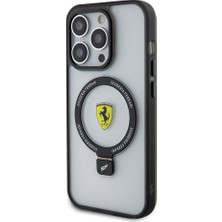 Ferrari iPhone 15 Pro Uyumlu Kılıf Ferrari Magsafe Şarj Özellik Standlı Buzlu Yüzey Dizayn Transparan Siyah