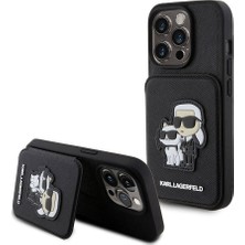 Karl Lagerfeld iPhone 15 Pro Uyumlu Kılıf Standlı Kartlıklı Saffiano K&c Logo Orjinal Lisanslı Siyah