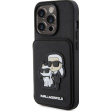 Karl Lagerfeld iPhone 15 Pro Uyumlu Kılıf Standlı Kartlıklı Saffiano K&c Logo Orjinal Lisanslı Siyah