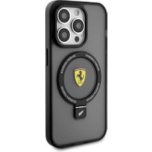 Ferrari iPhone 15 Pro Uyumlu Kılıf Ferrari Magsafe Şarj Özellikli Standlı Buzlu Yüzey Dizayn Kapak Siyah