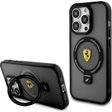 Ferrari iPhone 15 Pro Uyumlu Kılıf Ferrari Magsafe Şarj Özellikli Standlı Buzlu Yüzey Dizayn Kapak Siyah