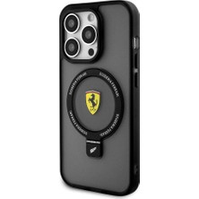 Ferrari iPhone 15 Pro Uyumlu Kılıf Ferrari Magsafe Şarj Özellikli Standlı Buzlu Yüzey Dizayn Kapak Siyah