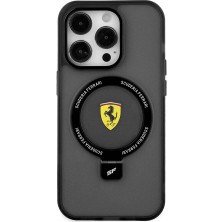 Ferrari iPhone 15 Pro Uyumlu Kılıf Ferrari Magsafe Şarj Özellikli Standlı Buzlu Yüzey Dizayn Kapak Siyah