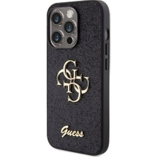 Guess iPhone 15 Pro Uyumlu Kılıf Guess Orjinal Lisanslı 4g Büyük Metal Logolu Glitter Kapak Siyah