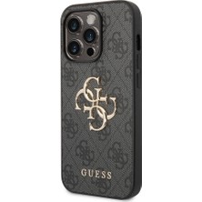 Guess iPhone 15 Pro Max Uyumlu Kılıf Guess Orjinal Lisanslı Pu Deri Yazı ve 4g Metal Logolu Desenli Gri