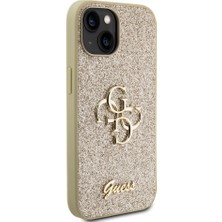 Guess iPhone 15 Uyumlu Kılıf Guess Orjinal Lisanslı 4g Büyük Metal Logolu Glitter Kapak Gold