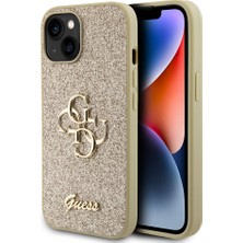 Guess iPhone 15 Uyumlu Kılıf Guess Orjinal Lisanslı 4g Büyük Metal Logolu Glitter Kapak Gold