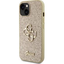 Guess iPhone 15 Uyumlu Kılıf Guess Orjinal Lisanslı 4g Büyük Metal Logolu Glitter Kapak Gold