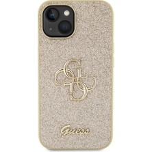 Guess iPhone 15 Uyumlu Kılıf Guess Orjinal Lisanslı 4g Büyük Metal Logolu Glitter Kapak Gold