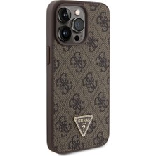 Guess iPhone 15 Pro Max Kılıf Guess Orjinal Lisans Pu Deri Taşlı Üçgen Logo 4g Desen Strass Kahverengi