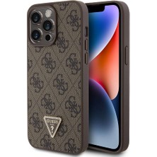 Guess iPhone 15 Pro Max Kılıf Guess Orjinal Lisans Pu Deri Taşlı Üçgen Logo 4g Desen Strass Kahverengi