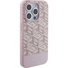 Guess iPhone 15 Pro Uyumlu Kılıf Guess Orjinal Lisans Magsafe Şarj Özellik Yazı Logo Gcube Desenli Pembe