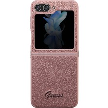 Guess Galaxy Z Flip 5 Uyumlu Kılıf Guess Orjinal Lisanslı Yazı Logolu Glitter Script Kapak Pembe