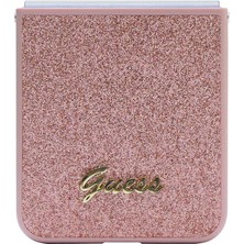 Guess Galaxy Z Flip 5 Uyumlu Kılıf Guess Orjinal Lisanslı Yazı Logolu Glitter Script Kapak Pembe