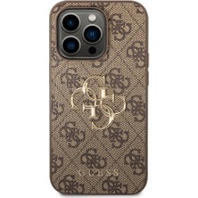 Guess iPhone 15 Pro Uyumlu Kılıf Guess Orjinal Lisanslı Pu Deri Yazı ve 4g Metal Logolu Desen Kahverengi