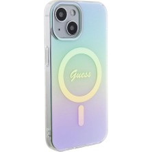 Guess iPhone 15 Uyumlu Kılıf Guess Orjinal Lisanslı Magsafe Şarj Özellikli Yazı Logolu Iridescent Turkuaz