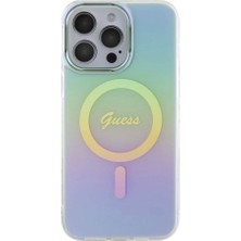 Guess iPhone 15 Pro Uyumlu Kılıf Guess Orjinal Lisanslı Magsafe Şarj Özellik Yazı Logo Iridescent Turkuaz