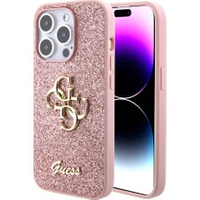 Guess iPhone 15 Pro Max Uyumlu Kılıf Guess Orjinal Lisanslı 4g Büyük Metal Logolu Glitter Kapak Pembe