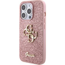 Guess iPhone 15 Pro Max Uyumlu Kılıf Guess Orjinal Lisanslı 4g Büyük Metal Logolu Glitter Kapak Pembe