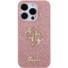 Guess iPhone 15 Pro Max Uyumlu Kılıf Guess Orjinal Lisanslı 4g Büyük Metal Logolu Glitter Kapak Pembe