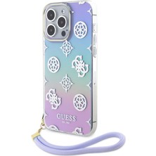 Guess iPhone 15 Pro Max Kılıf Guess Orjinal Lisans Yazı Logolu Askı Ipli Holografik Glitter Peony Mor