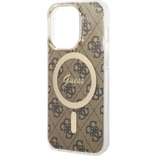 Guess iPhone 15 Pro Max Uyumlu Kılıf Guess Orjinal Lisanslı Magsafe Şarj Yazı Logo 4g Desen Kahverengi