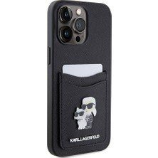 Karl Lagerfeld iPhone 15 Pro Max Uyumlu Kılıf Kartlıklı Metal Logo Orjinal Lisanslı Kapak Siyah