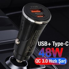 Polham Qc3.0 Süper Hızlı 48W 1x Type C, 1x USB Girişli Araç Şarj Başlığı, 12/24V Tüm Çakmaklık, Yüksek Akım Korumalı Çakmaklık