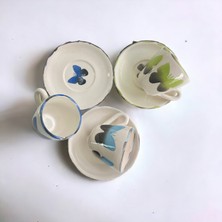 Artistic Quality Dekoratif 3 Kişilik Şık Kelebek Tasarımlı Tamamen El Yapımı Kahve Fincan Seti