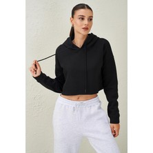 Tena Kadın Siyah Kapüşonlu Eteği Pis Dikişli Crop Sweatshirt