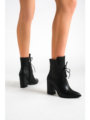 Mubiano Mbess3-S Kadın Siyah Kalın Topuklu Bağcık Detaylı Fermuarlı Bot & Bootie
