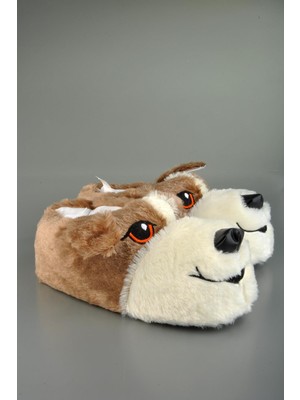 Sempatik Köpek Figürlü Erkek Bayan Hayvanlı Panduf Kahve