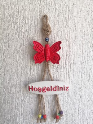 Grimsi Kırmızı Kelebek Dekoratif Hoşgeldiniz Kapı Duvar Süsü