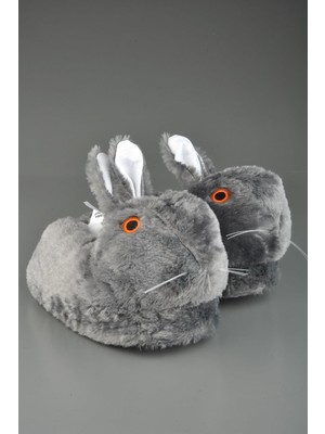 Sevimli Tavşan Figürlü Peluş Panduf Gri