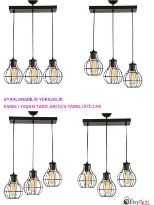 Etsylight Armin Sıralı 3, Mutfak Avize, Salon Avize, Yemek Odası Avize, Oturma Odası Avize