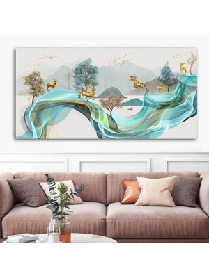 AR AJANS KANVAS TABLO Turkuaz Desenli Altın Geyik Tasarım Kanvas Tablo DR0113