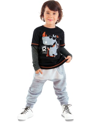 Denokids Rhino Erkek Çocuk Siyah T-Shirt Eşofman Altı Takım