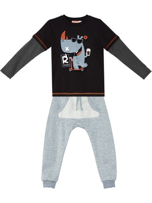 Denokids Rhino Erkek Çocuk Siyah T-Shirt Eşofman Altı Takım