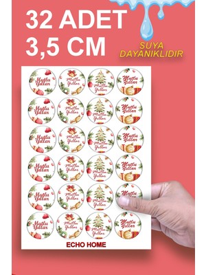 Echo Home Mutlu Yıllar Sticker 3,5 cm 32 Adet Suya Dayanıklı Yeni Yıl Yılbaşı Figürleri Yuvarlak Etiket